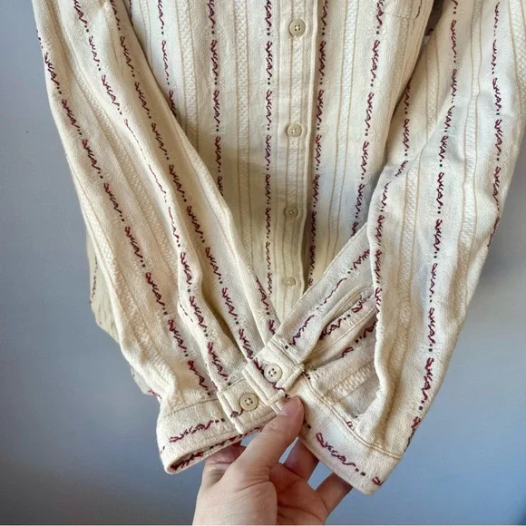 Vtg Woolrich Women’s Cream Burgundy/Red Tan Striped Cotton Button-Up Shirt Sz L - Picture 5 of 15